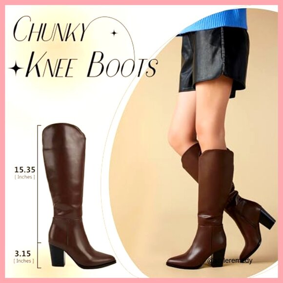 Faux Leather Knee High Boots with Pointed Toe and Chunky Heel - Picture 2 of 7